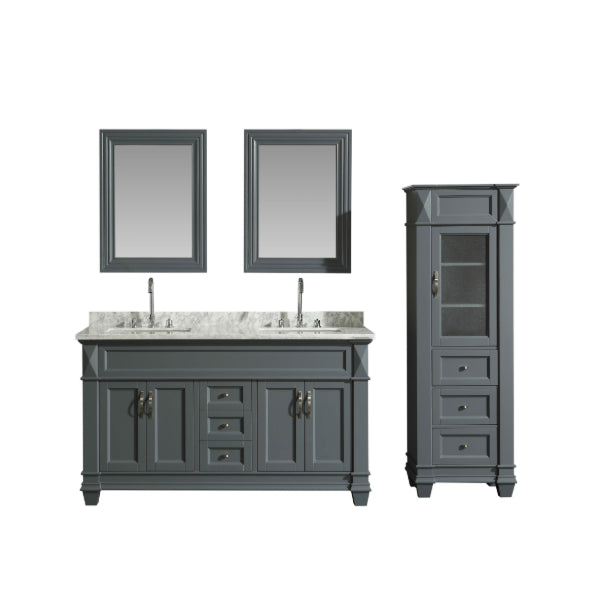 Hudson 60" Gray Transitional Vanity With Carrara Marble Top and 65" Linen Cabinet