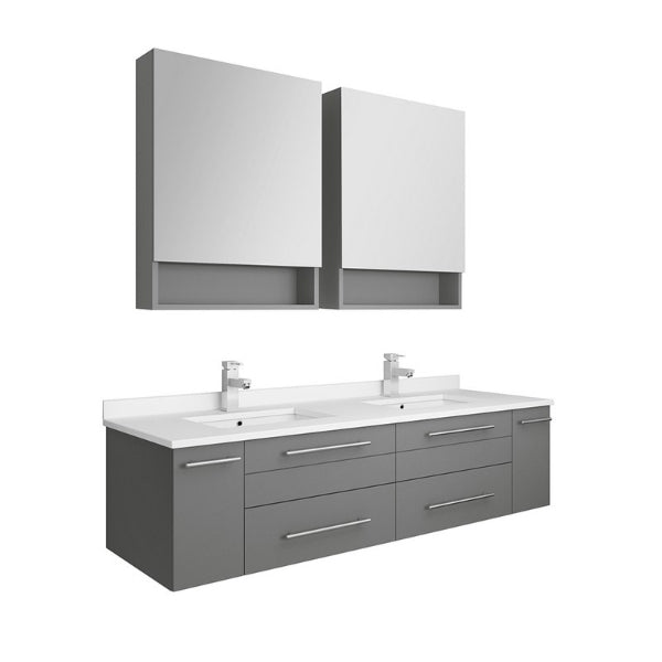 Lucera 60" Gray Modern Wall Hung Double Undermount Sink Bathroom Vanity