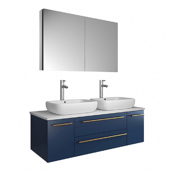 Lucera Modern 48" Royal Blue Wall Hung Double Vessel Sink Bathroom Vanity Set | FVN6148RBL-VSL-D