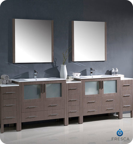 Fresca Torino 108" Gray Oak Double Sink Vanity w/ 3 Cabinets & Integrated Sinks