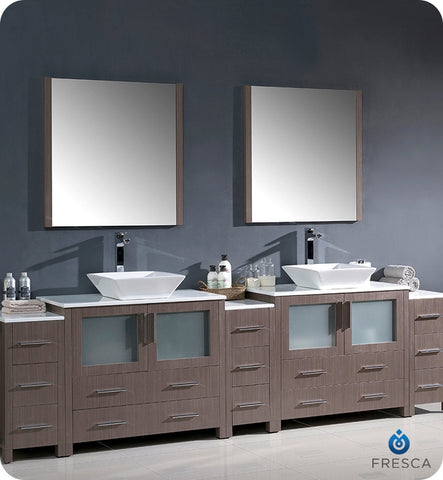 Fresca Torino 108" Gray Oak Double Sink Vanity w/ 3 Side Cabinets & Vessel Sinks