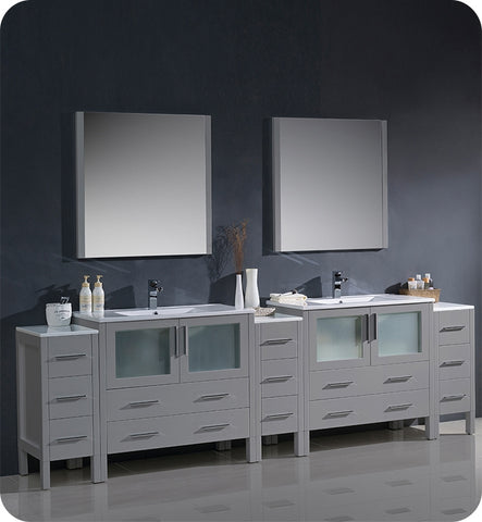 Fresca Torino 108" Gray Double Sink Vanity w/ 3 Side Cabinets & Integrated Sinks