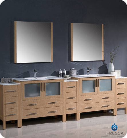 Fresca Torino 108" Light Oak Double Sink Vanity w/ 3 Cabinets & Integrated Sinks