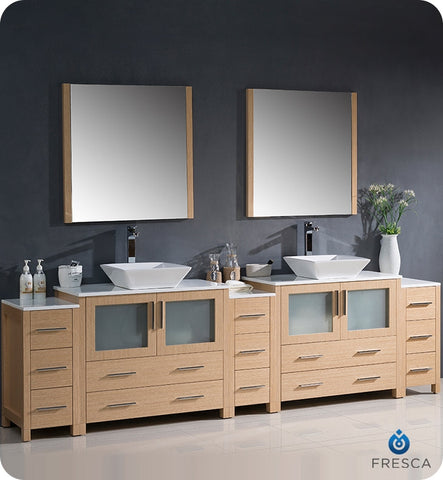 Fresca Torino 108" Light Oak Double Sink Vanity w/ 3 Cabinets & Vessel Sinks