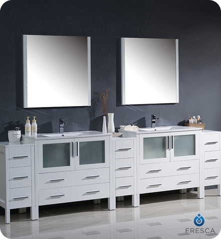 Fresca Torino 108" White Double Sink Vanity w/ 3 Cabinets & Integrated Sinks