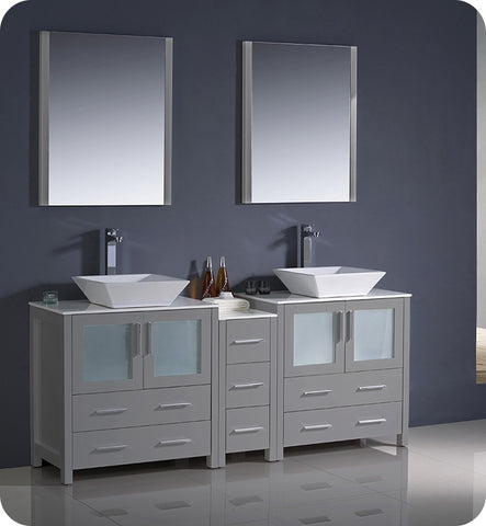 Fresca Torino 72 Gray Modern Double Sink Bathroom Vanity w/ Side Cabinet & Vessel Sinks