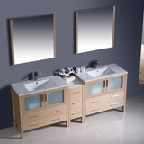 Fresca Torino 84" Light Oak Modern Double Sink Bathroom Vanity w/ Side Cabinet & Integrated Sinks