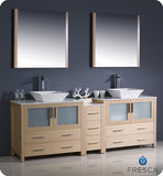 Fresca Torino 84" Light Oak Double Sink Vanity w/ Side Cabinet & Vessel Sinks