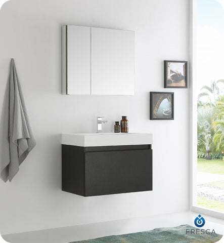 Fresca Mezzo 30" Black Wall Hung Modern Bathroom Vanity w/ Medicine Cabinet