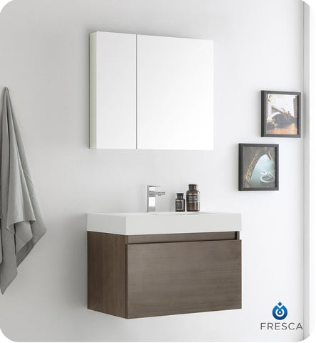 Fresca Mezzo 30" Gray Oak Wall Hung Modern Bathroom Vanity w/ Medicine Cabinet