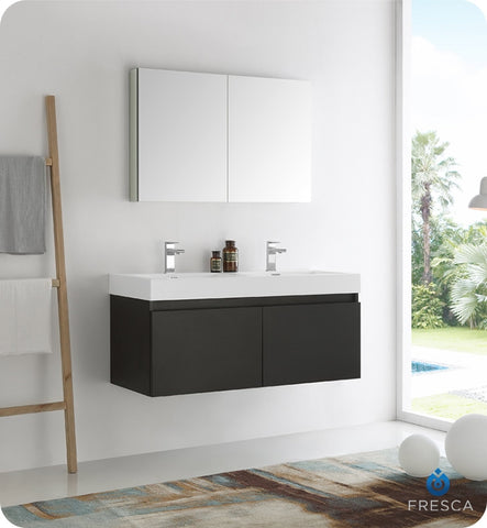 Fresca Mezzo 48" Black Wall Hung Double Sink Modern Vanity w/ Medicine Cabinet