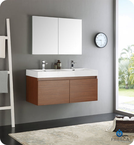 Fresca Mezzo 48" Teak Wall Hung Double Sink Modern Vanity w/ Medicine Cabinet