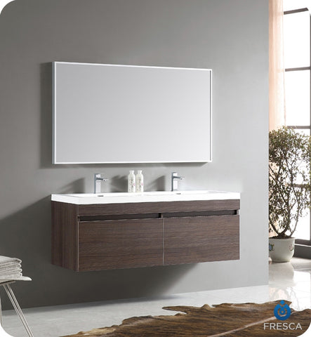 Fresca Largo 57" Gray Oak Modern Bathroom Vanity w/ Wavy Double Sinks