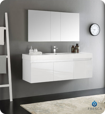 Fresca Mezzo 60" White Wall Hung Single Sink Modern Vanity w/ Medicine Cabinet