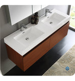 Fresca Mezzo 60" Teak Wall Hung Double Sink Modern Vanity w/ Medicine Cabinet