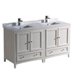 Fresca Oxford 60" Antique White Traditional Double Sink Bathroom Cabinets w/ Top & Sinks